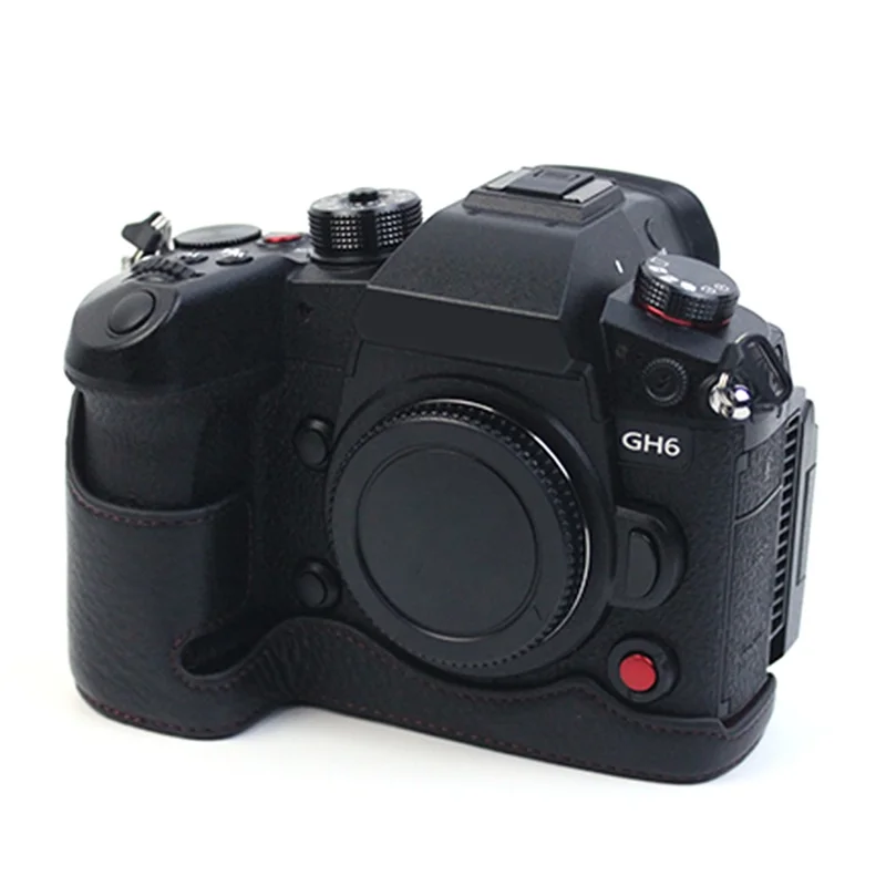 Für Panasonic Lumix GH6/DC-GH6GK Echte Lederkamera Bottom Case Schutzhälfte Mit Batterieöffnungsdesign - Schwarz