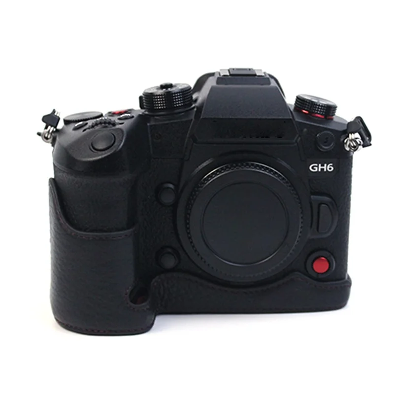 Für Panasonic Lumix GH6/DC-GH6GK Echte Lederkamera Bottom Case Schutzhälfte Mit Batterieöffnungsdesign - Schwarz