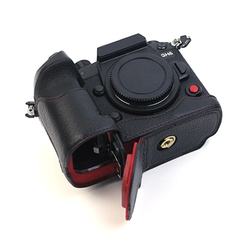 Für Panasonic Lumix GH6/DC-GH6GK Echte Lederkamera Bottom Case Schutzhälfte Mit Batterieöffnungsdesign - Schwarz