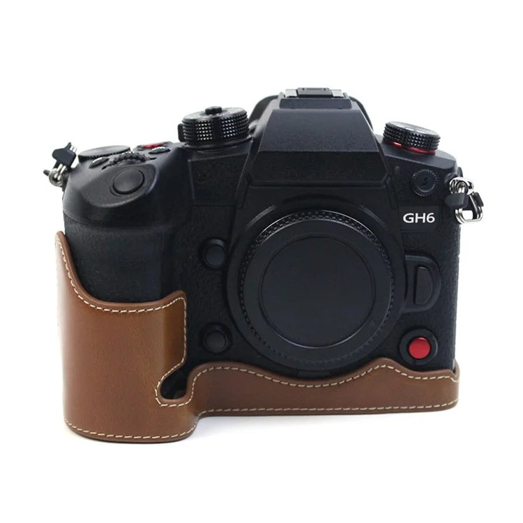 For Panasonic LUMIX GH6/DC-GH6GK Fashionable PU Leather Camera Bottom Case Battery Opening Design Protective Half Body Cover - Brown