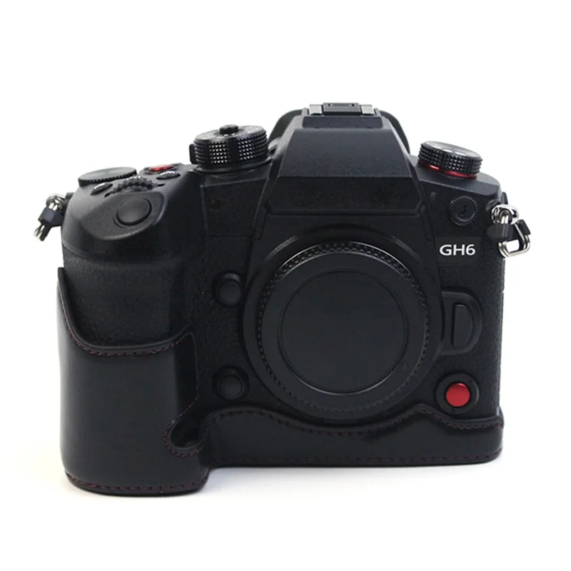 For Panasonic LUMIX GH6/DC-GH6GK Fashionable PU Leather Camera Bottom Case Battery Opening Design Protective Half Body Cover - Black