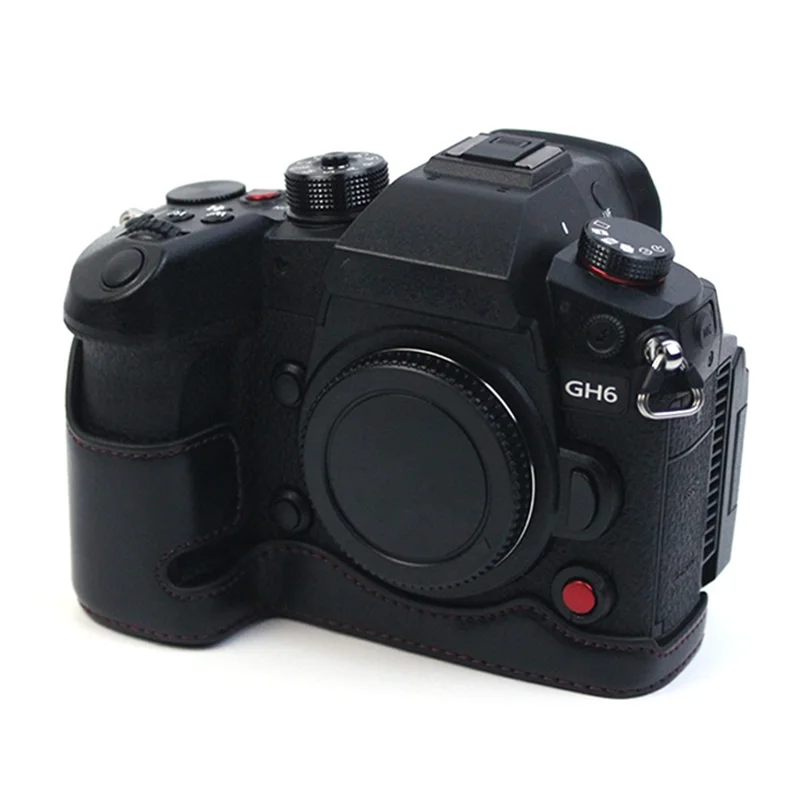 For Panasonic LUMIX GH6/DC-GH6GK Fashionable PU Leather Camera Bottom Case Battery Opening Design Protective Half Body Cover - Black