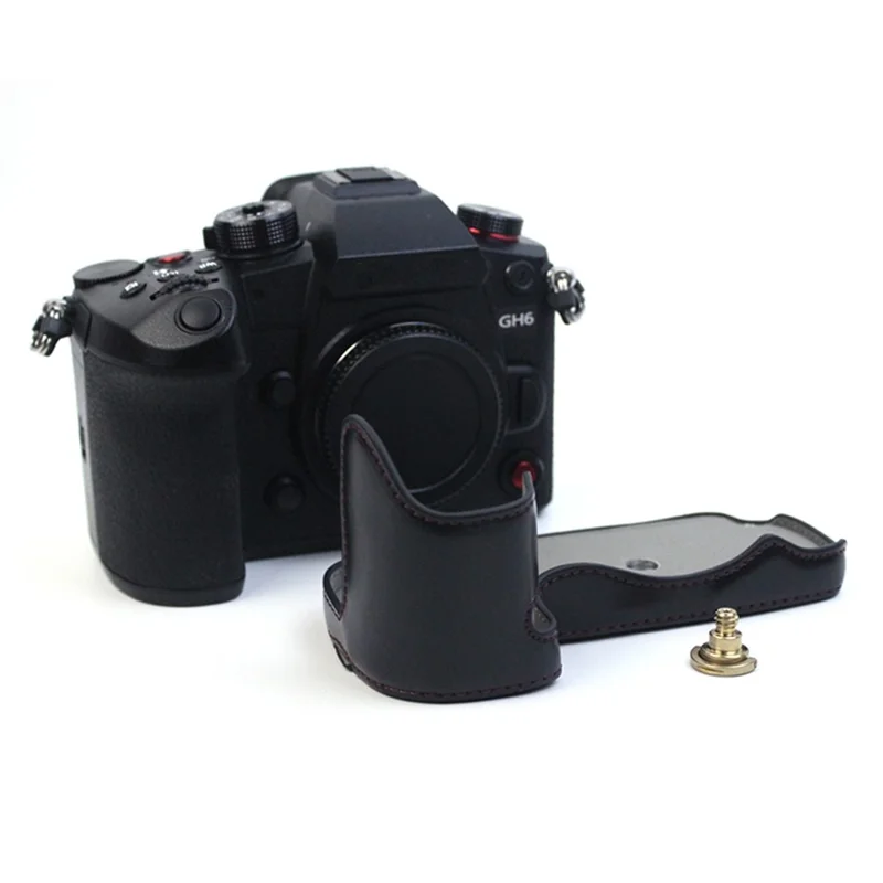 For Panasonic LUMIX GH6/DC-GH6GK Fashionable PU Leather Camera Bottom Case Battery Opening Design Protective Half Body Cover - Black