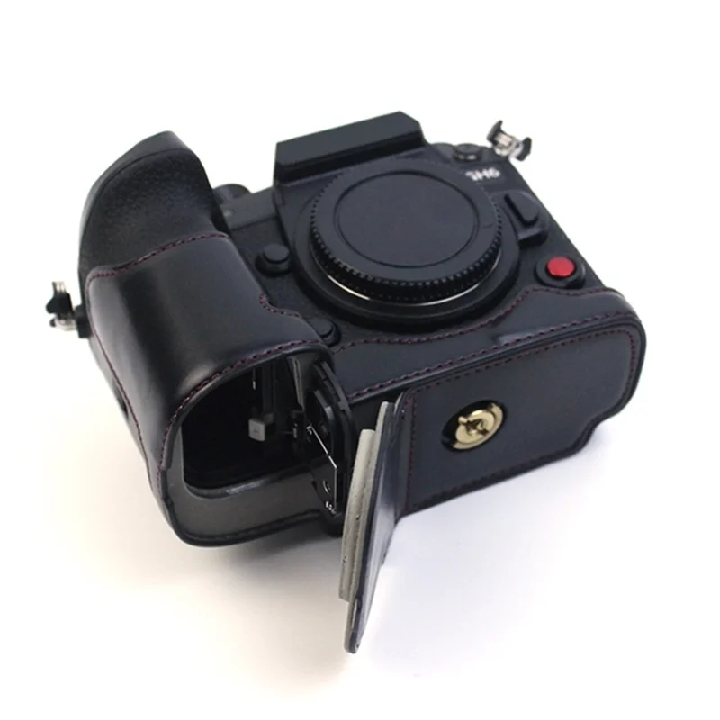 For Panasonic LUMIX GH6/DC-GH6GK Fashionable PU Leather Camera Bottom Case Battery Opening Design Protective Half Body Cover - Black