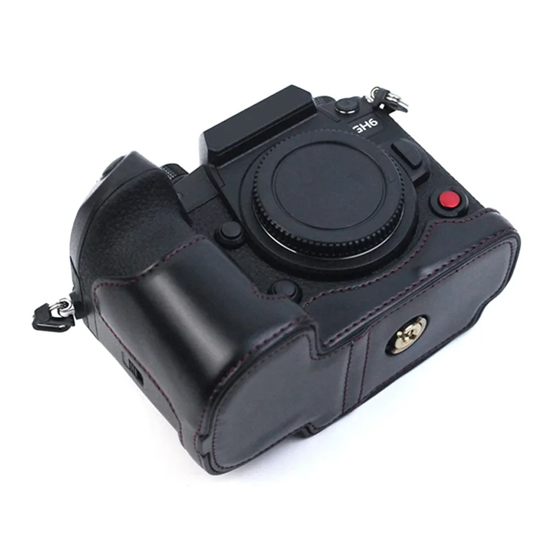 For Panasonic LUMIX GH6/DC-GH6GK Fashionable PU Leather Camera Bottom Case Battery Opening Design Protective Half Body Cover - Black