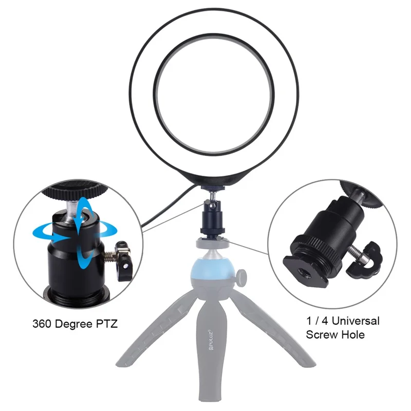 PULUZ 6.2 inch USB 3 Modes Dimmable LED Ring Vlogging Photography Video Lights with Cold Shoe Tripod Ball Head - Black