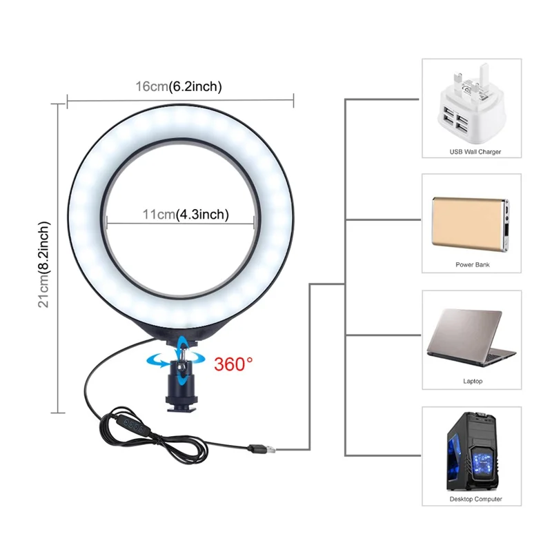 PULUZ 6.2 inch USB 3 Modes Dimmable LED Ring Vlogging Photography Video Lights with Cold Shoe Tripod Ball Head - Black