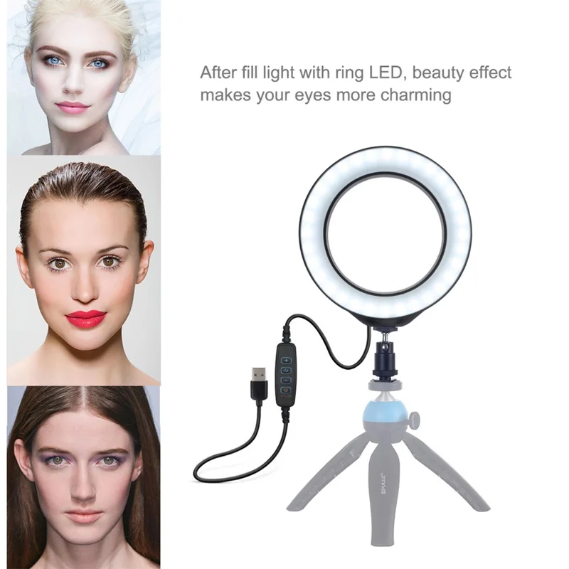 PULUZ 6.2 inch USB 3 Modes Dimmable LED Ring Vlogging Photography Video Lights with Cold Shoe Tripod Ball Head - Black