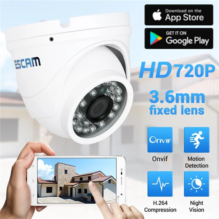 ESCAM QD520 720P 10m IP65 Dome CCTV IP Camera with 24pcs Leds - EU Plug