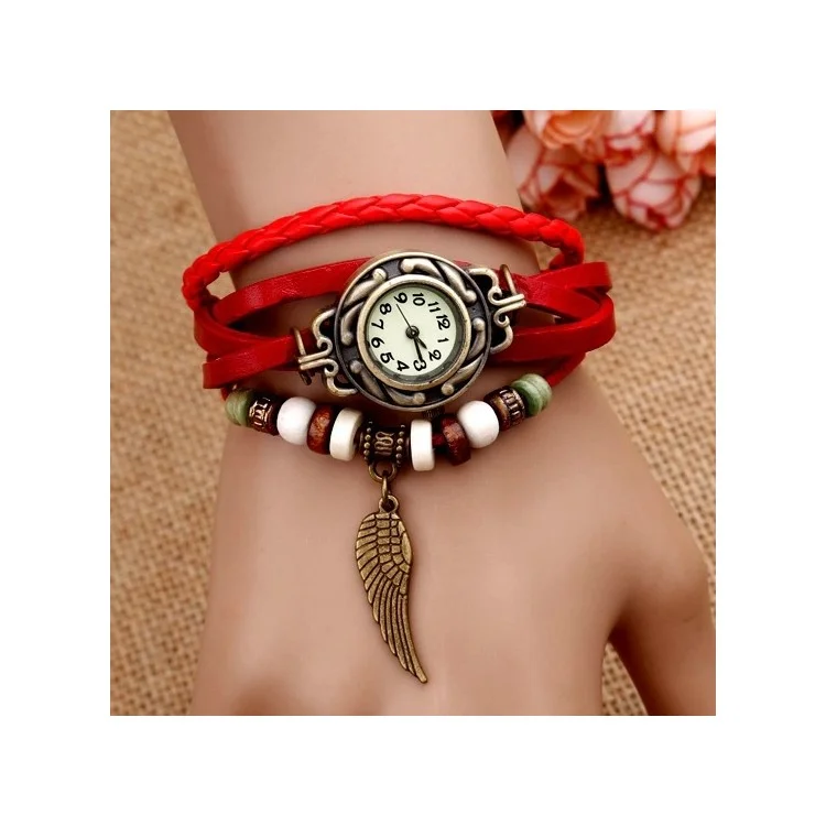 Leaf Pendant Fashion Women Vintage Leather Woven Bracelet Wrist Watch - Red