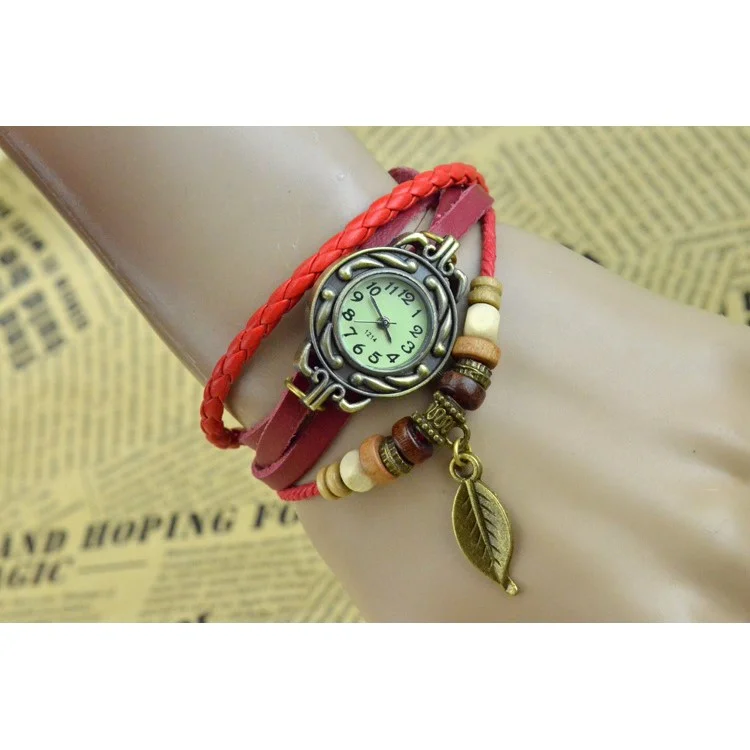 Leaf Pendant Fashion Women Vintage Leather Woven Bracelet Wrist Watch - Red