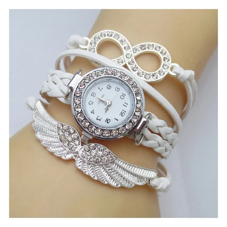 Angel Wings Rhinestone Quartz Ladies Watch Weave Bracelet - White