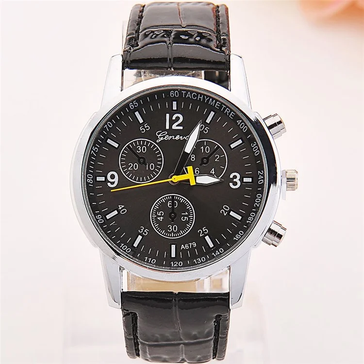 Fashion PU Leather Bracelet Quartz Watch with Decorative Sub-Dial - Black