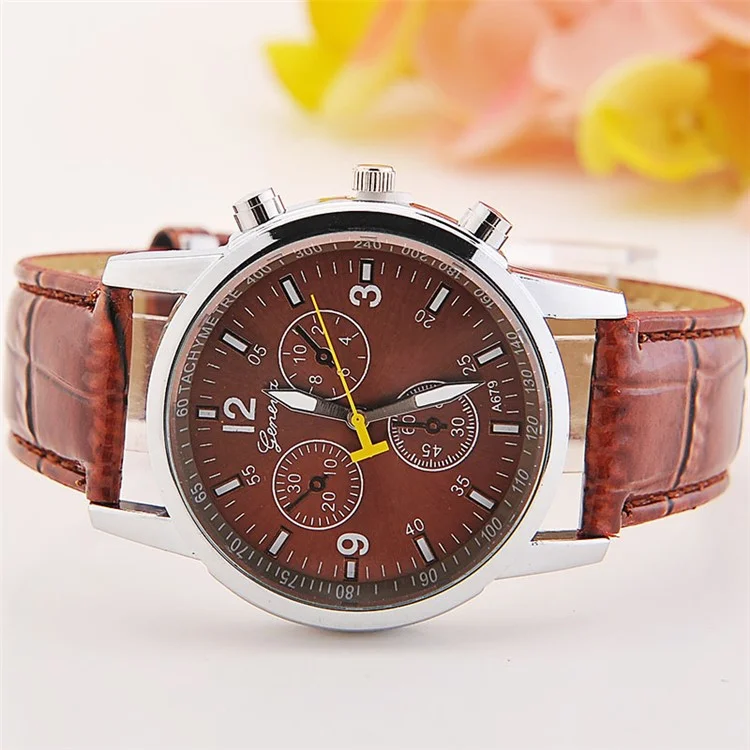 Stylish Round Dial Quartz Watch with PU Leather Watchband - Brown