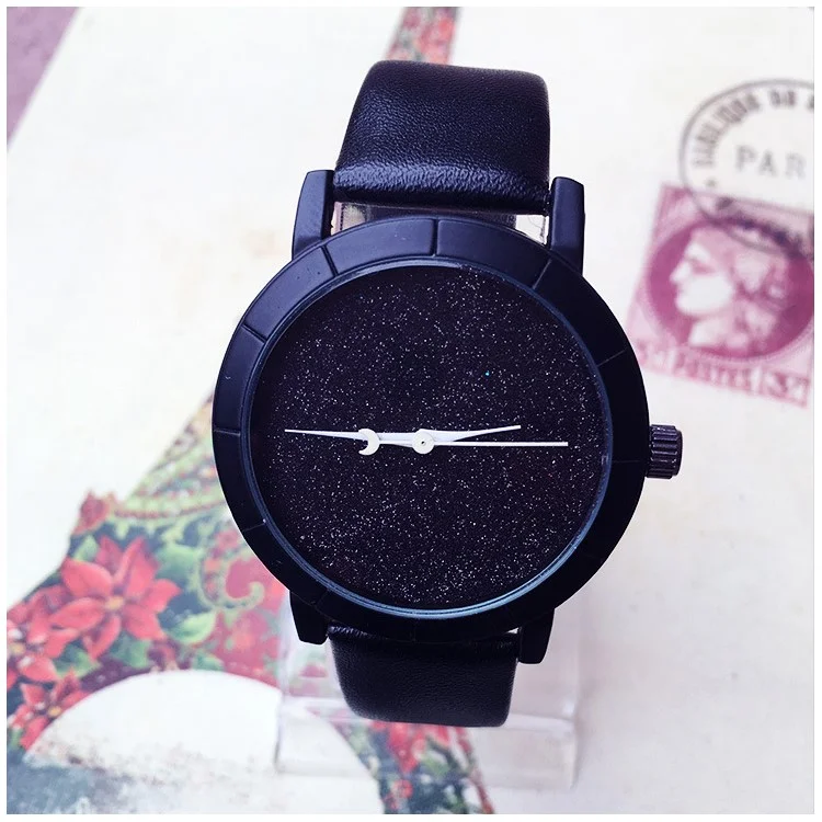 Shiny Round Dial Women Quartz Watch with PU Leather Band - Black