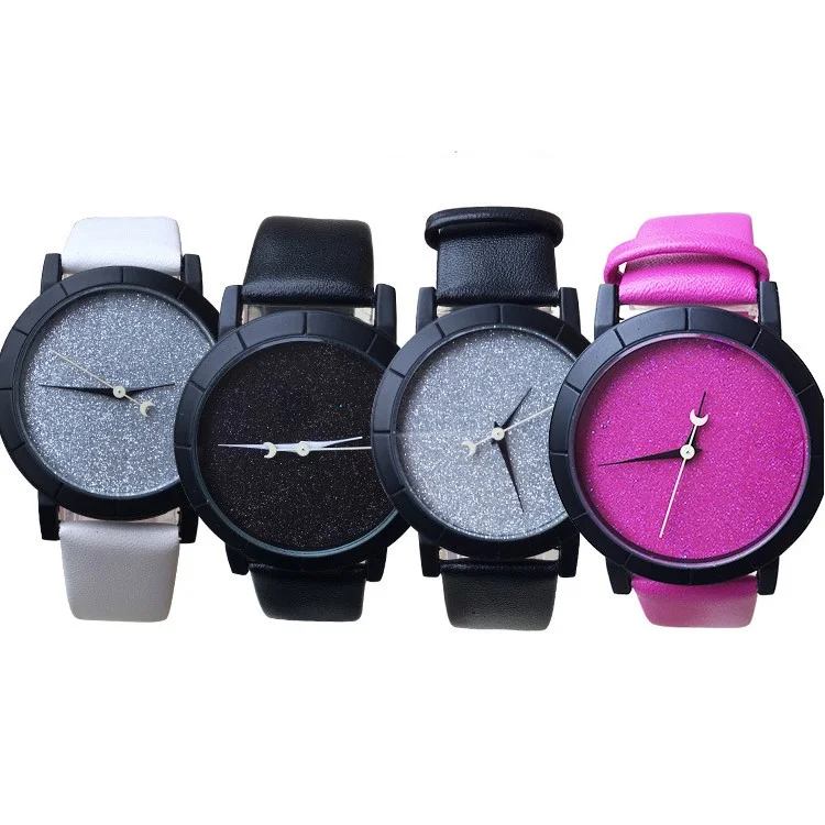 Shiny Round Dial Women Quartz Watch with PU Leather Band - Black