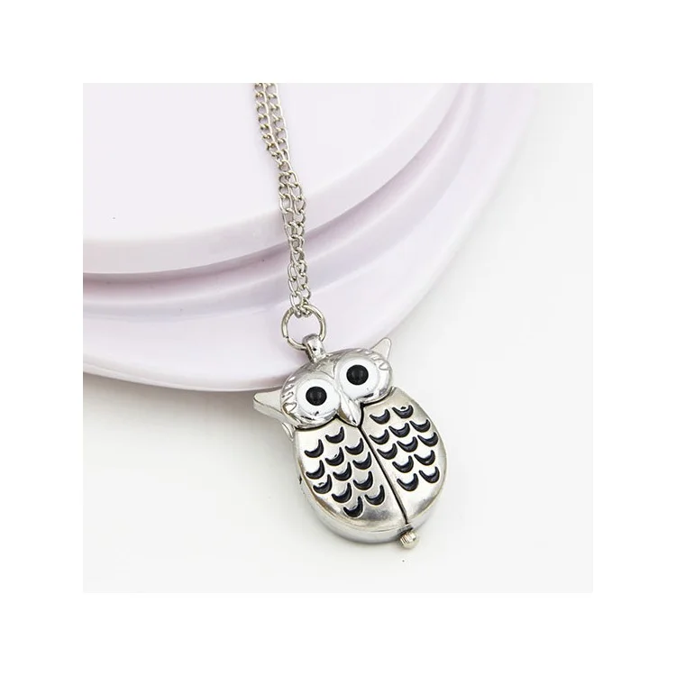 Vintage Owl Style Quartz Pocket Watch Double Open Necklace Chain Watch - Silver Color