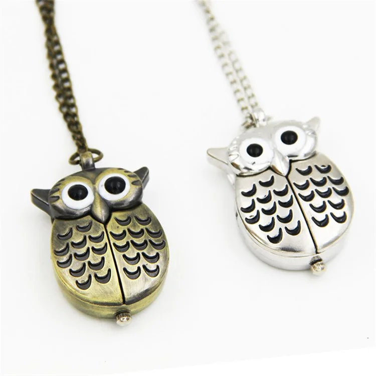 Vintage Owl Style Quartz Pocket Watch Double Open Necklace Chain Watch - Silver Color