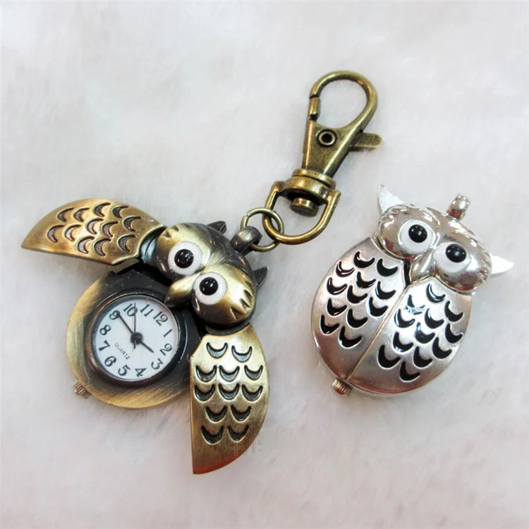 Vintage Owl Style Quartz Pocket Watch Double Open Necklace Chain Watch - Silver Color