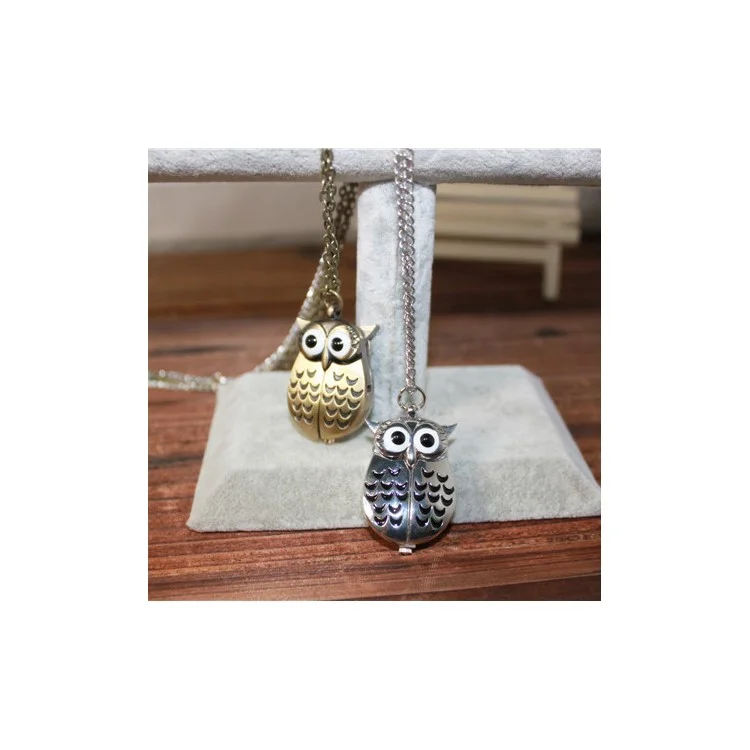 Vintage Owl Style Quartz Pocket Watch Double Open Necklace Chain Watch - Silver Color