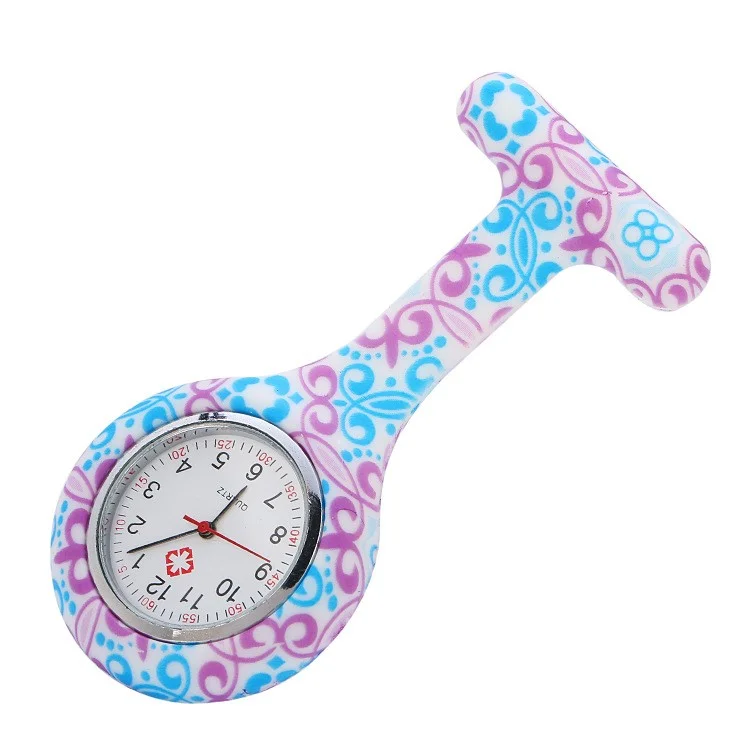 Pocket Silicone Stainless Clip Pin Nurse Fob Quartz Watch - Floral Pattern