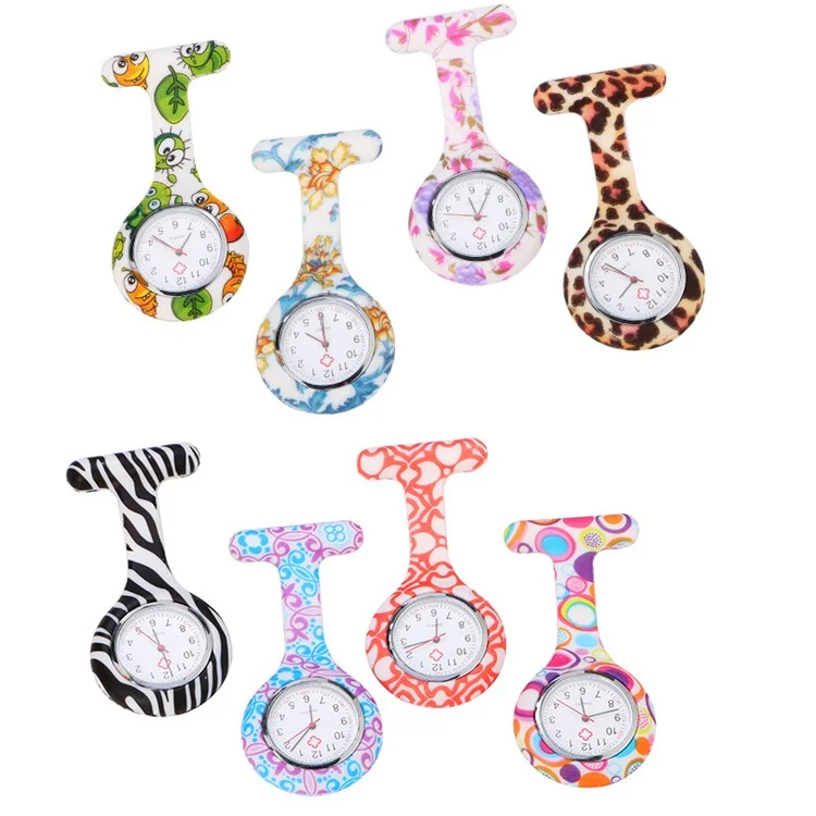 Bolsillo Silicona Clip Inoxidable Pin de Enfermera Fob Cuarzo Reloj - Patrón Floral