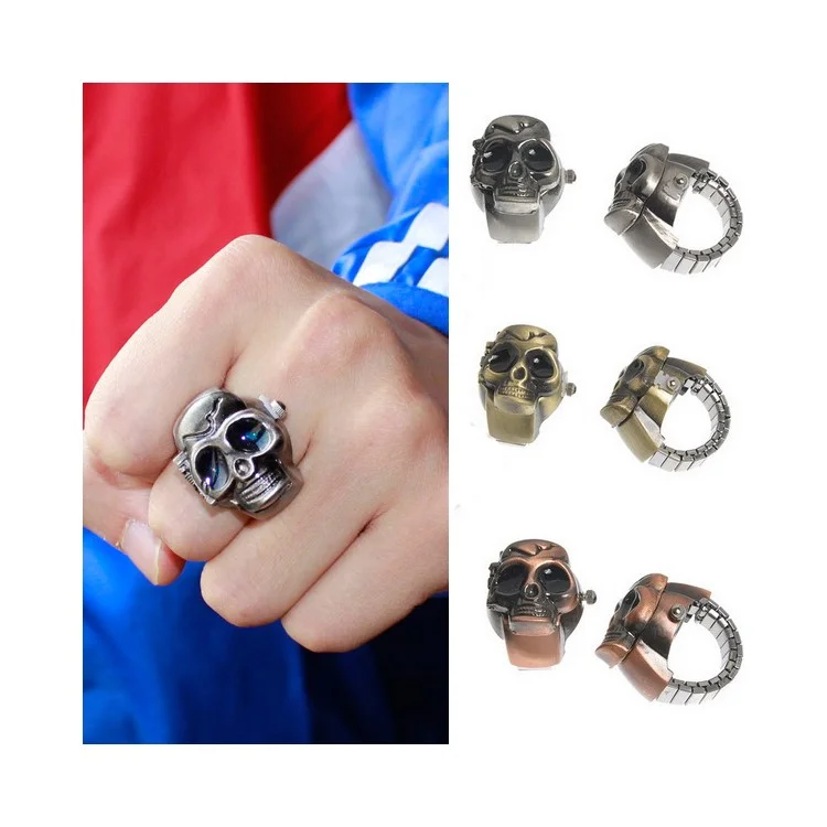 Fashion Skull Head Stainless Steel Watchband Quartz Unisex Finger Ring Watch - Silver Skull with Blue Eyes