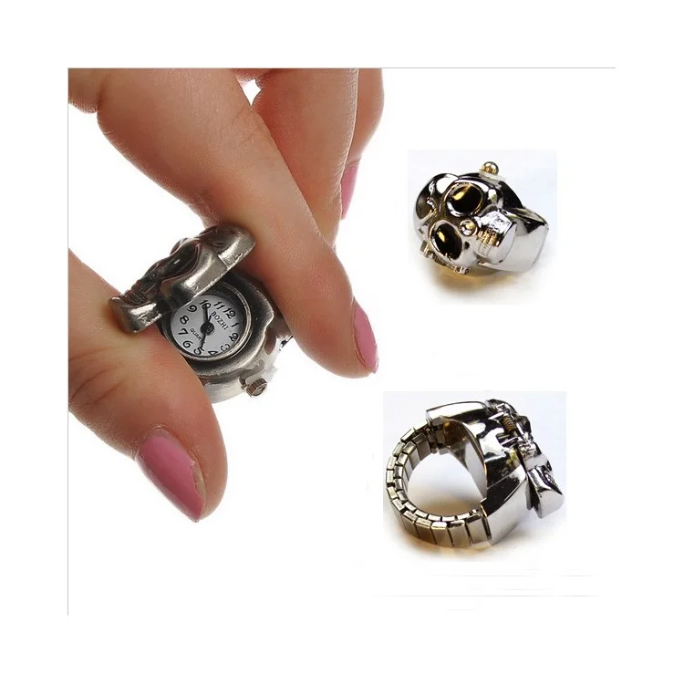 Fashion Skull Head Stainless Steel Watchband Quartz Unisex Finger Ring Watch - Silver Skull with Blue Eyes