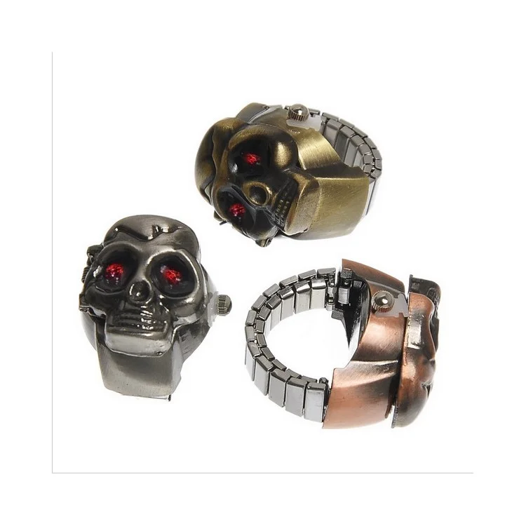 Fashion Skull Head Stainless Steel Watchband Quartz Unisex Finger Ring Watch - Silver Skull with Blue Eyes
