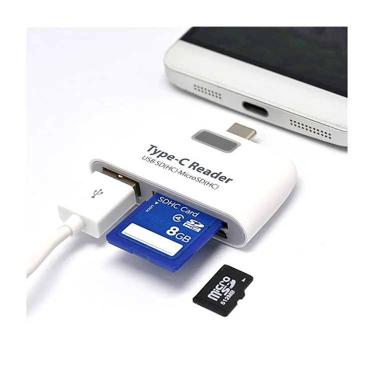 Mini 5Gbps OTG USB 3.1 Type-C Combo Hub Adapter to USB 3.0 Port+SD(HC)/TF Card Reader+Micro USB Charging Port - White