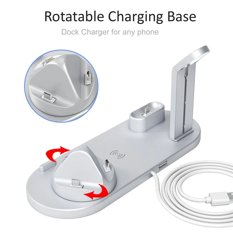 UD15 3 em 1 Estação de Doca de Carregamento Sem Fio Rotativa Para Apple Iphone/android Disposition/type-c Dispositivo - Prata