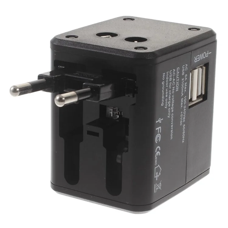 Multi-nation Universal AC International Adapter Travel Charger with Dual USB Ports (US UK EU AU) - Black