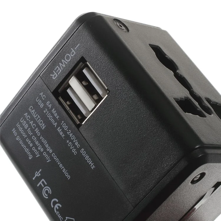 Cargador de Viajes de Adaptador Internacional de AC Multi-nation Con Puertos USB Duales (US UK Uek EU AU) - Negro