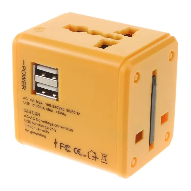 Cargador de Viajes de Adaptador Internacional de AC Worldwide AC Con Puertos USB Duales (US UK Uek EU AU) - Amarillo