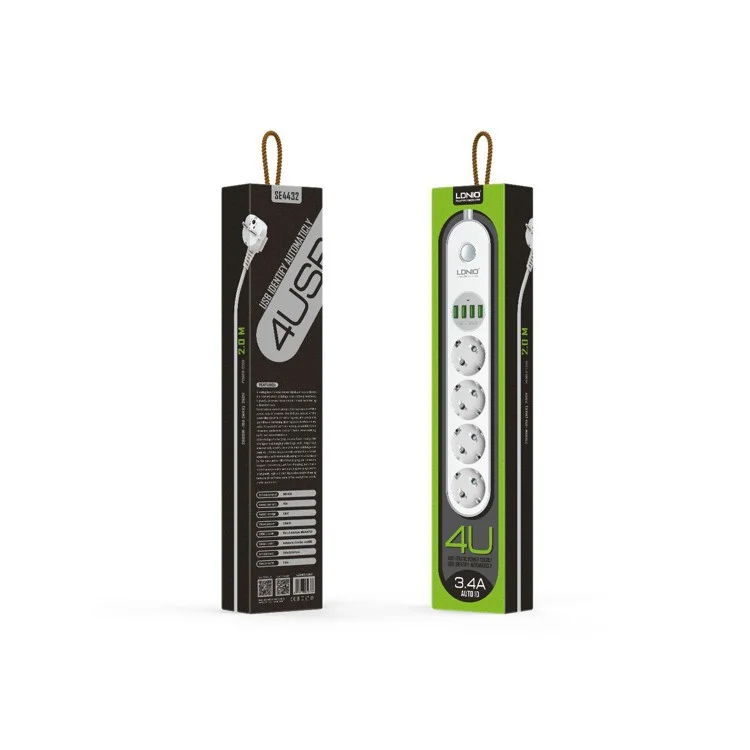 LDNIO SE4432 Power Strip with 3 EU AC Sockets + 4 USB Ports (CE/RoHS) - White / EU Plug