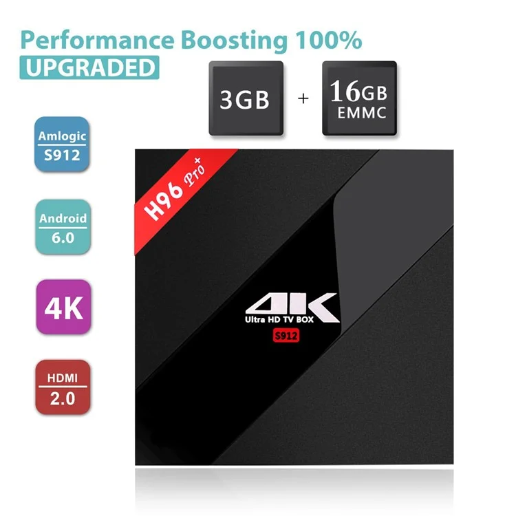 H96 Pro+ 4K Ultra HD TV BOX 3GB+16GB Amlogic S912 Octa-core Android 6.0 2.4G/5.8G Dual Band WiFi - EU Plug