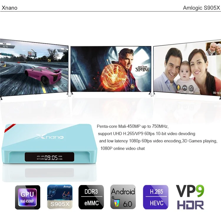 XNANO X96 PRO Amlogic S905X Quad Core TV Box 2+16G Android 6.0 Bluetooth WiFi Media Player - Blue / EU Plug