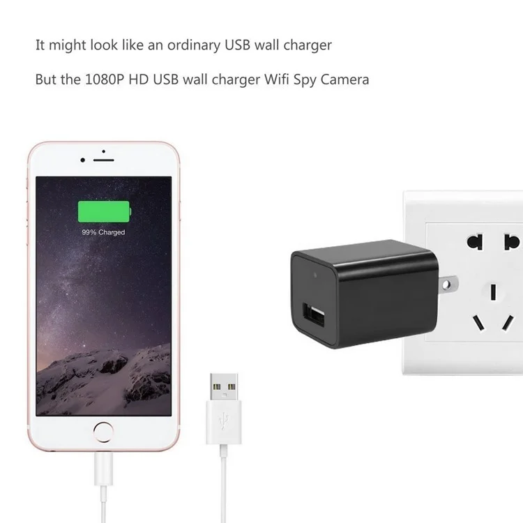 Mini 1080P WiFi HD Hidden Spy Camera Motion Detection Video Recorder USB Wall Charger - US Plug