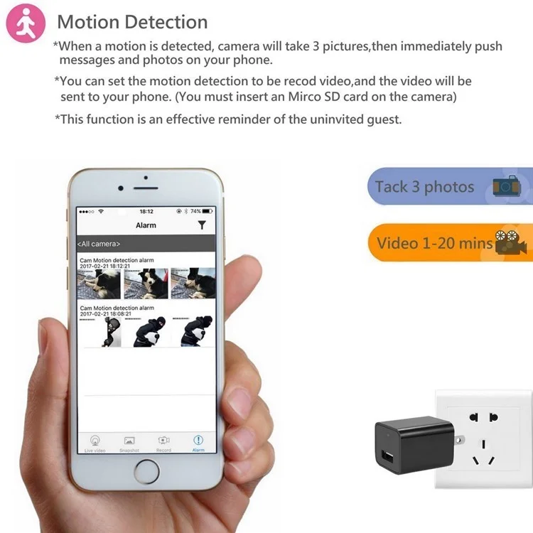 Mini 1080P WiFi HD Hidden Spy Camera Motion Detection Video Recorder USB Wall Charger - US Plug