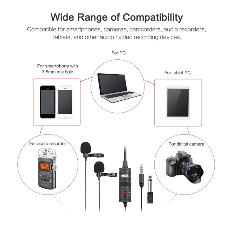 Boya By-M1DM Lavalier Microfone 4M Dual Omni-direcional Clipe De Vídeo De Lapel Para IPhone Canon Nikon DSLR