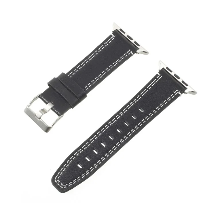 For Apple Watch 38mm Series 3 2 1 Double Stitches Genuine Leather Watch Band Strap - Black