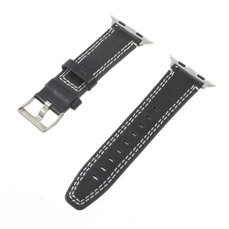 For Apple Watch 38mm Series 3 2 1 Double Stitches Genuine Leather Watch Band Strap - Black
