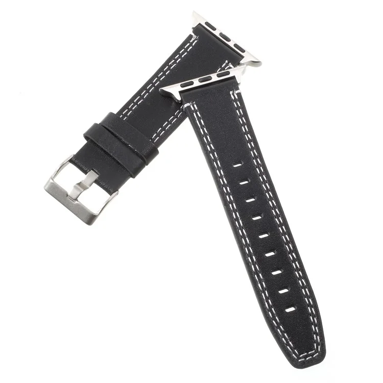 For Apple Watch 38mm Series 3 2 1 Double Stitches Genuine Leather Watch Band Strap - Black