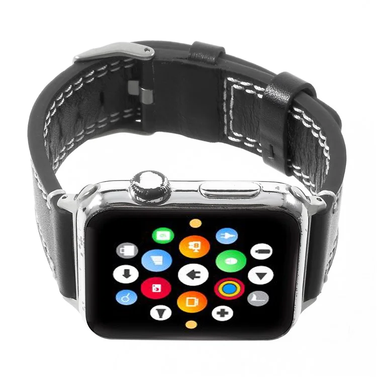 For Apple Watch 38mm Series 3 2 1 Double Stitches Genuine Leather Watch Band Strap - Black
