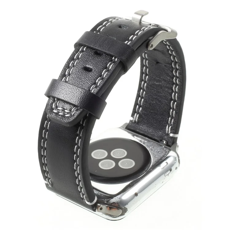 For Apple Watch 38mm Series 3 2 1 Double Stitches Genuine Leather Watch Band Strap - Black