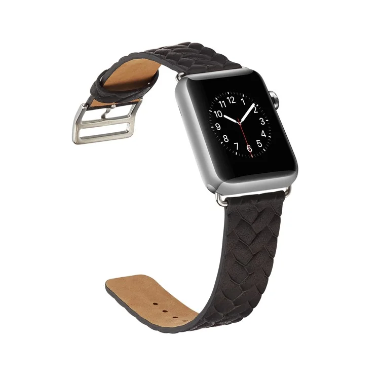 Top Layer Cowhide Leather Imprinted Woven Pattern Watch Strap Replacement for Apple Watch Series 3/2/1 38mm - Black