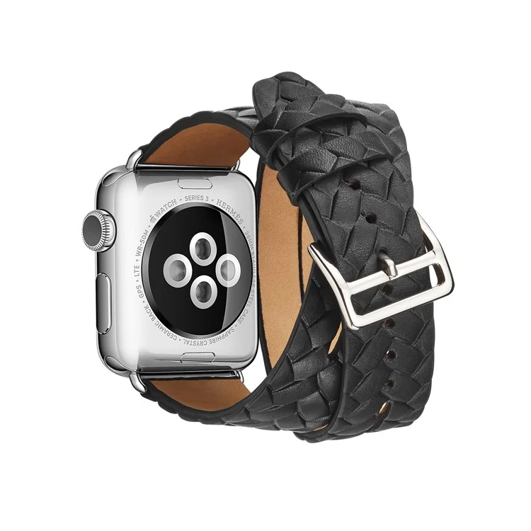 Woven Texture Double Tour Leather Watch Band with Classic Buckle for Apple Watch Series 3/2/1 38mm - Black