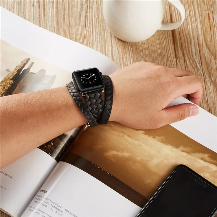 Woven Texture Double Tour Leather Watch Band with Classic Buckle for Apple Watch Series 3/2/1 38mm - Black