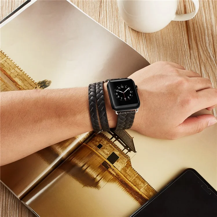 Woven Texture Double Tour Leather Watch Band with Classic Buckle for Apple Watch Series 3/2/1 38mm - Black
