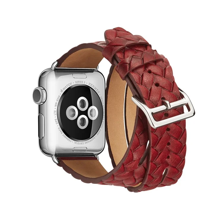 Woven Texture Double Tour Leather Watch Strap with Classic Buckle for Apple Watch Series 3/2/1 42mm - Red